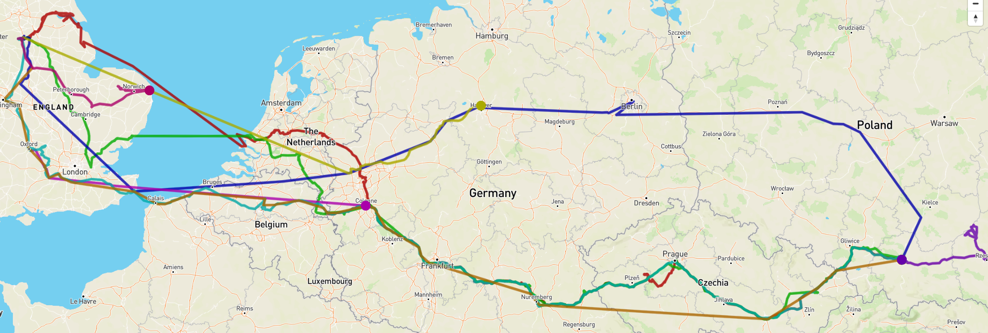map of several lines from Sheffield to Kraków