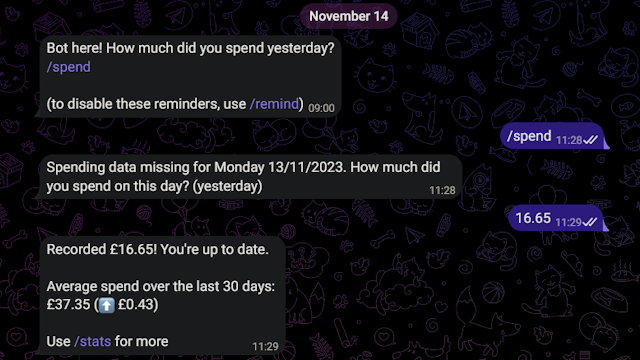 Chat with "Bank Bot": "How much did you spend yesterday?" - "12.98" - "New average: 19.45"